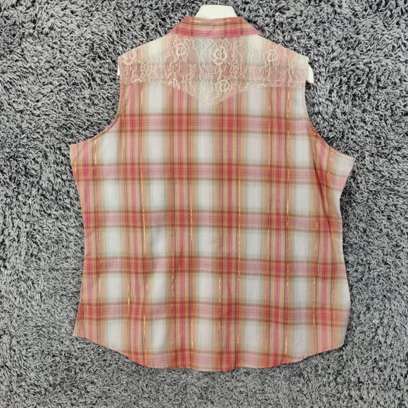 Wrangler Womens Plus XXL Sleeveless Plaid Lace Western Shirt Pink Metallic NEW - Picture 2 of 9